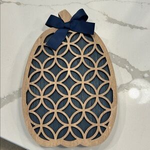 Decorative Wooden Pumpkin with Navy Bow